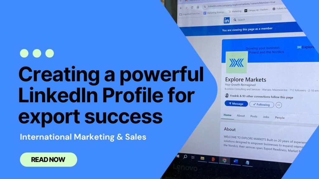 Laptop screen displaying a LinkedIn profile, representing strategies for international marketing and export success.